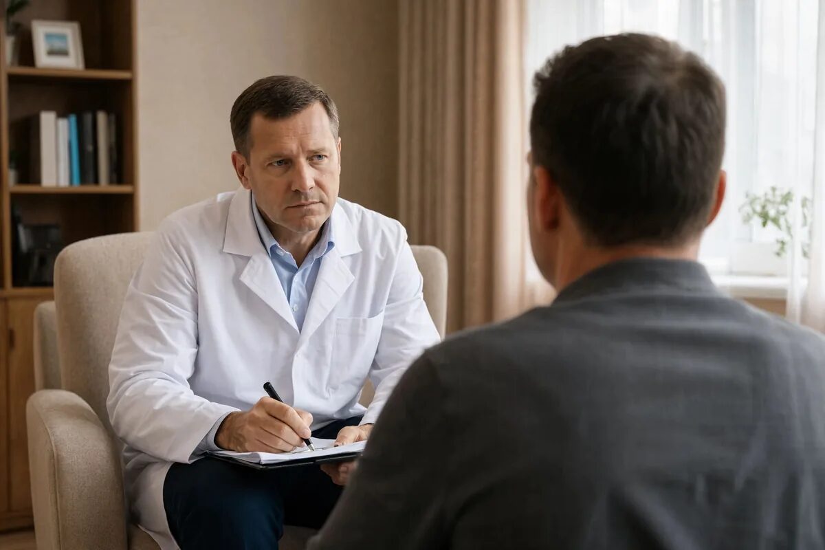 Специалист обсуждает с пациентом режим терапии